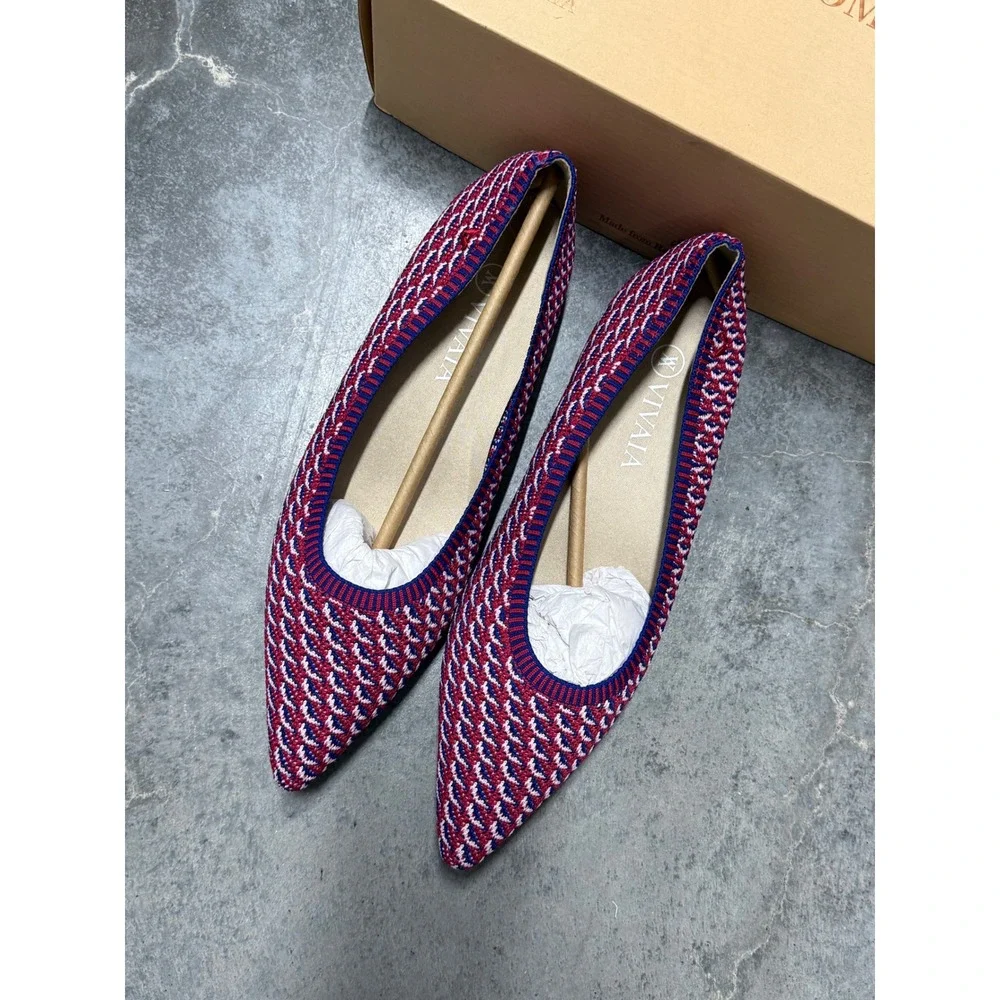 VIVAIA Aria Pointed Toe‎ Knit Flats Red Blue White Geometric Women Shoes US/ 9.5